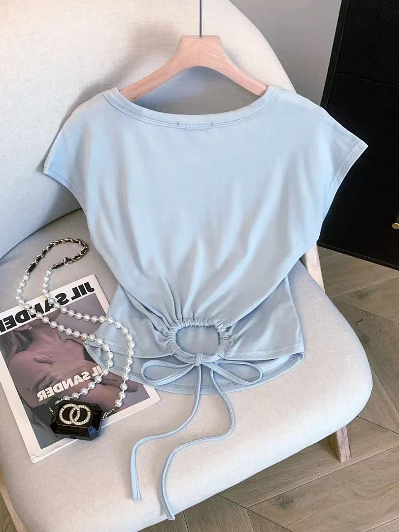 50197 百搭夏季气质短袖短款抽绳T恤常规