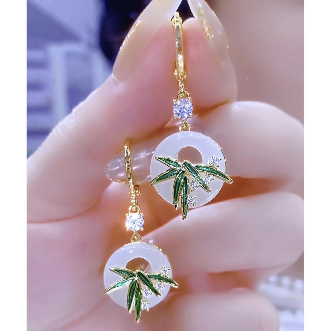 铜合金合成锆石耳饰 时尚百搭复古精致新中式竹叶平安扣耳环