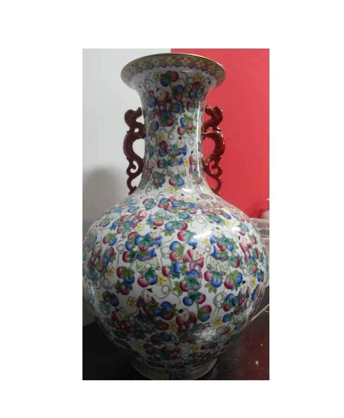 景德镇手工手绘好瓷推荐官粉彩百子万福双耳瓶==防拍链接