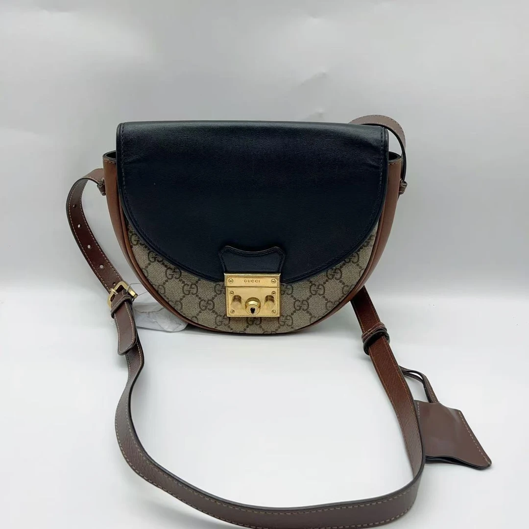 95新 GUCCI/古驰   老花拼黑半圆斜挎包 1377 7324