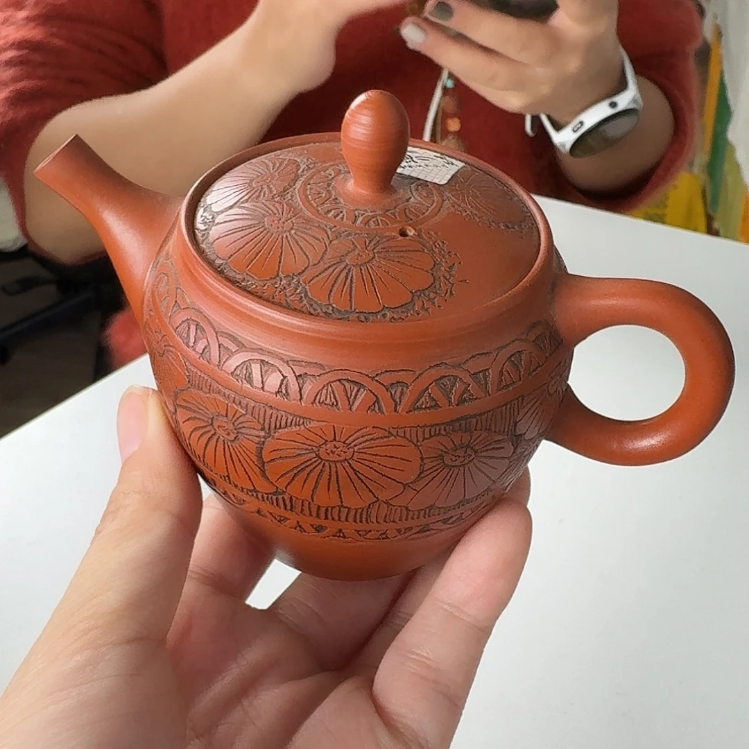 瓷片常滑烧玉光菊彫茶壶140ml