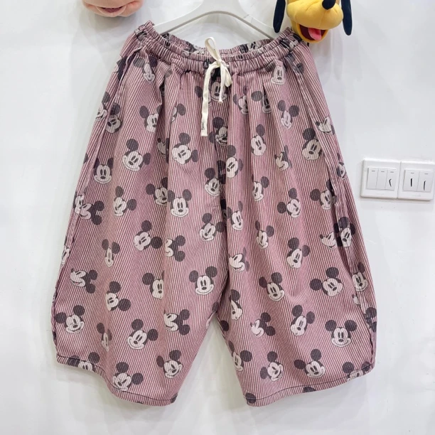 416欧货爆款粉红色条纹牛仔米奇大版八分裤女