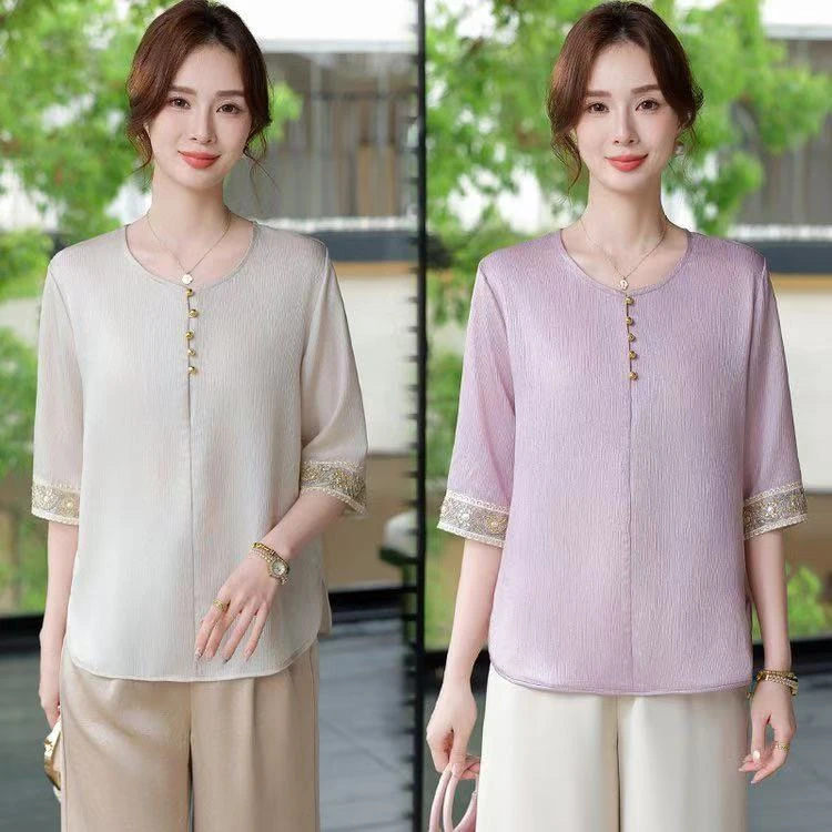 2025新款时尚中老年大码夏季女装宽松圆领妈妈装