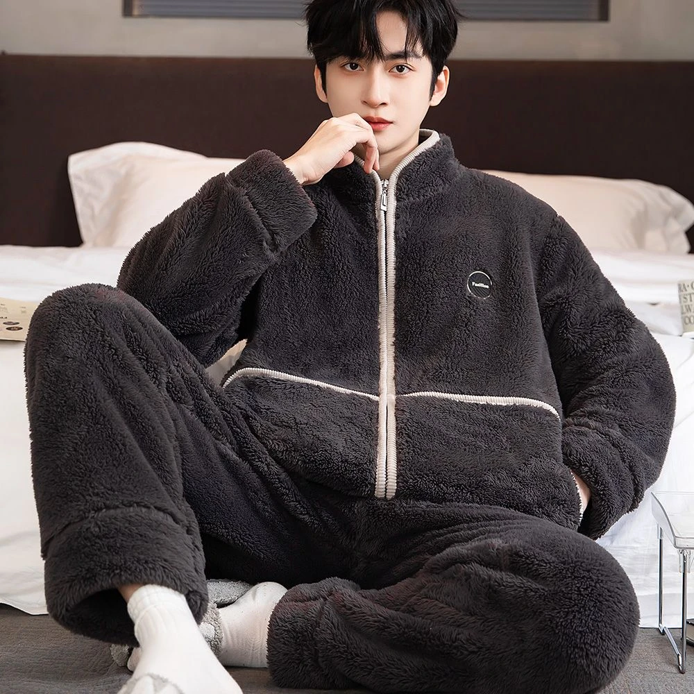 睡衣男秋冬加厚加绒法兰绒套装珊瑚绒家居服男士睡衣冬款加厚加绒