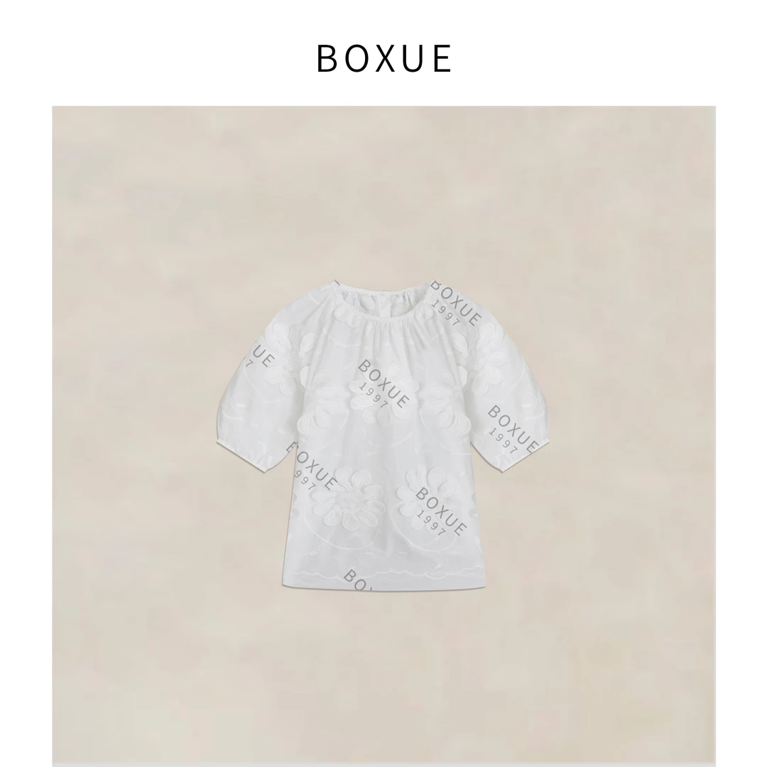 BOXUE ”雾里看花” 2025春季新款高级感轻奢小花  T恤#250311T937