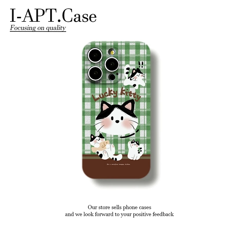 绿布格纹小猫菲林适用于iPhone苹果16手机壳华为oppo小米vivo新款