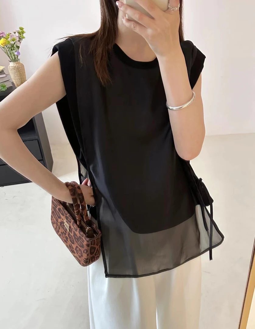 邹先森615-29凉感insT恤圆领拼接中长款纯色百搭夏季简约