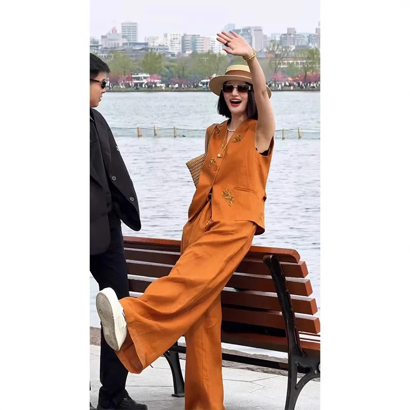 现货 老钱风轻熟御姐穿搭重工钉珠橘色马甲阔腿裤苎麻套装女夏季
