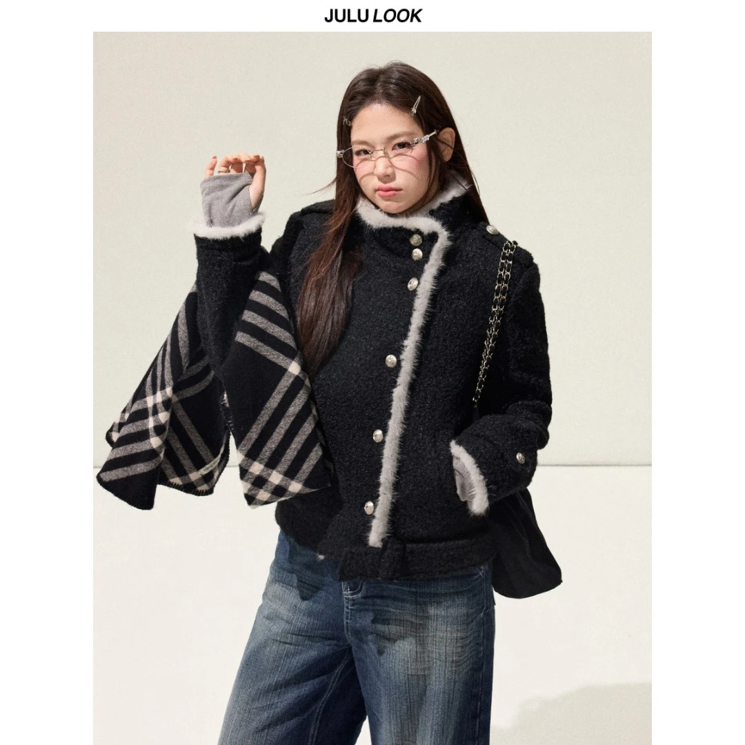 巨鹿工作室“雾凇旅人”微胖mm韩系立领毛毛拼接毛呢外套大码上衣