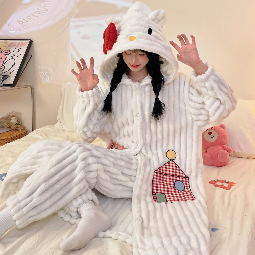 kitty猫睡袍加裤子加绒加绒珊瑚绒秋冬睡衣套装高颜值连帽家居服