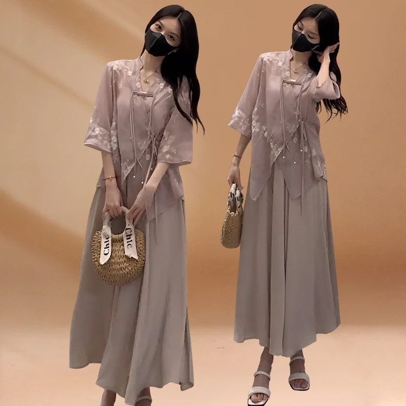 新中式国风套装女夏季时尚刺绣盘扣上衣半身裙今年流行漂亮两件套