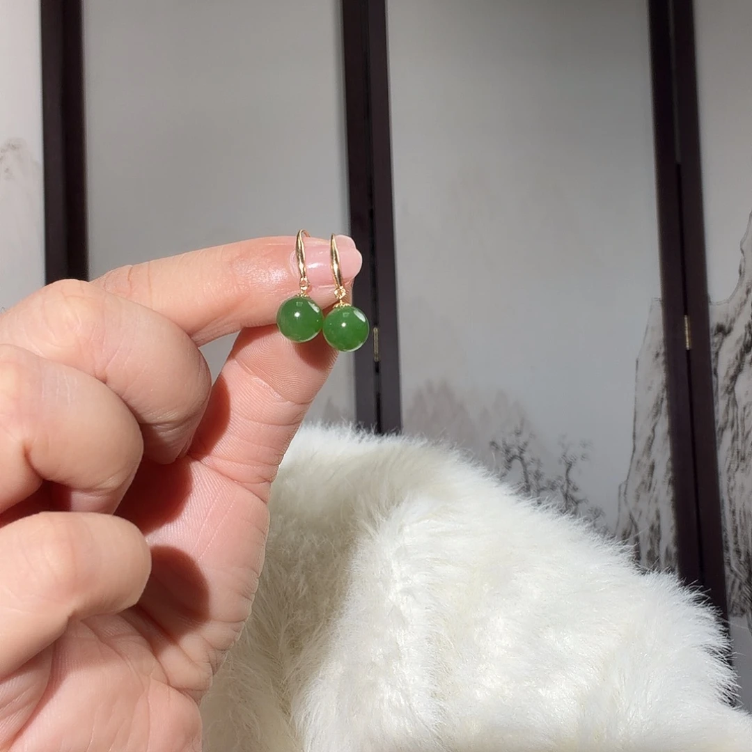 和田玉（碧玉）18K金镶嵌耳饰