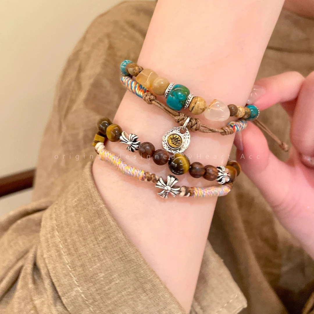 黄铜手链 美拉德双层叠戴串珠手链女新款手串复古民族风小众手饰