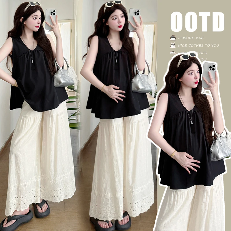 【晴晴】孕妇上衣夏季2025新款时尚v领无袖娃娃衫+蕾丝阔腿裤套装