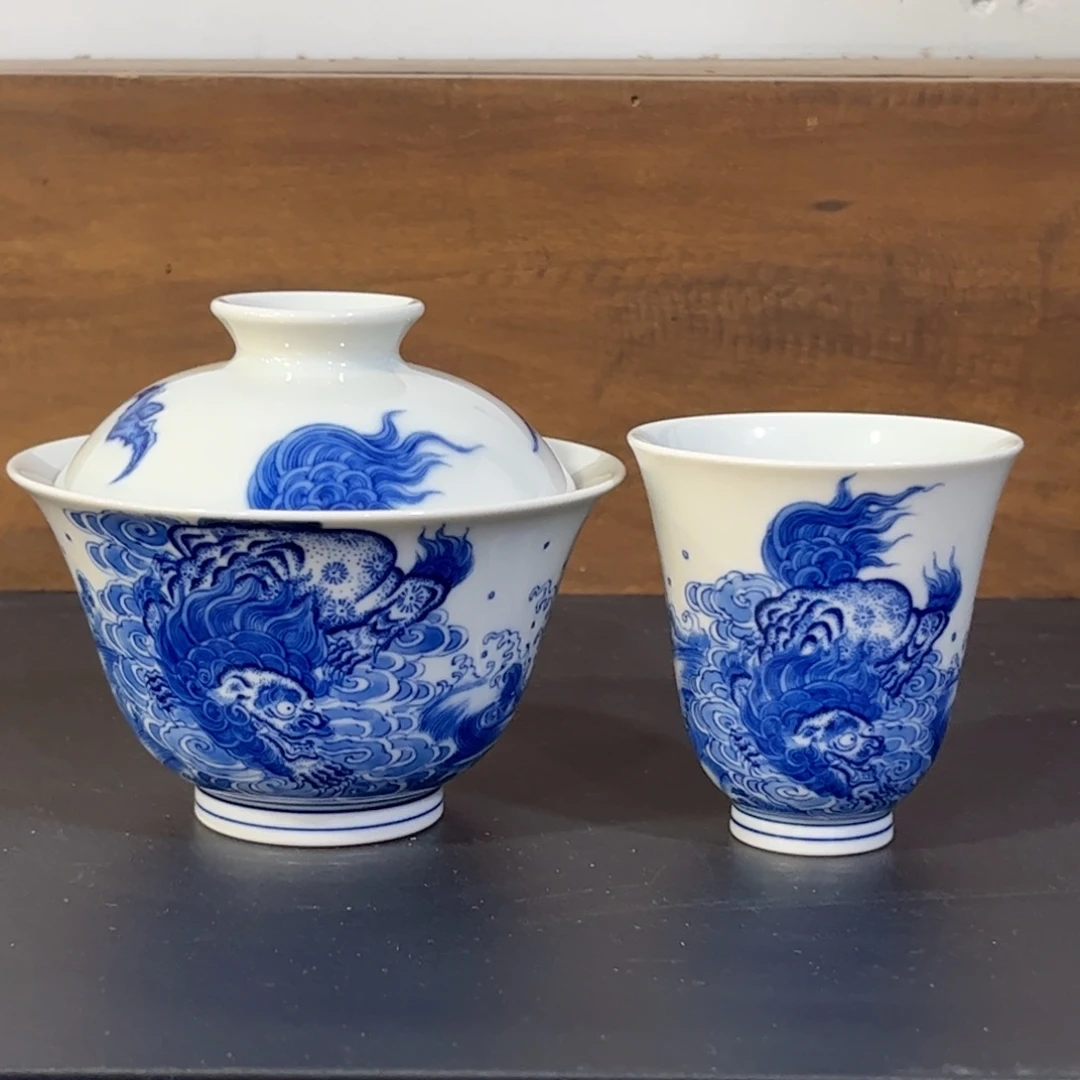 仿清青花狮子踏浪两件套 可拆分