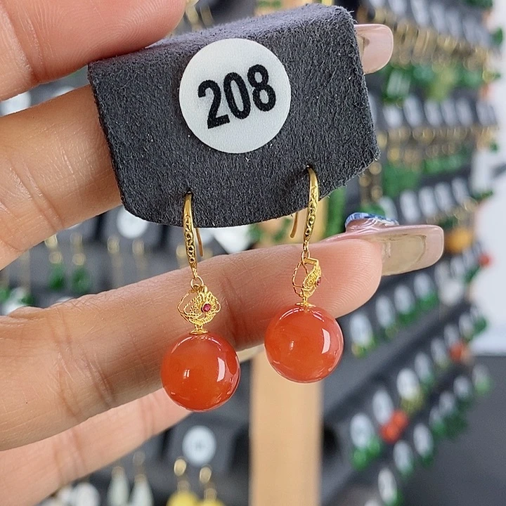 南红玛瑙耳饰18K金镶嵌