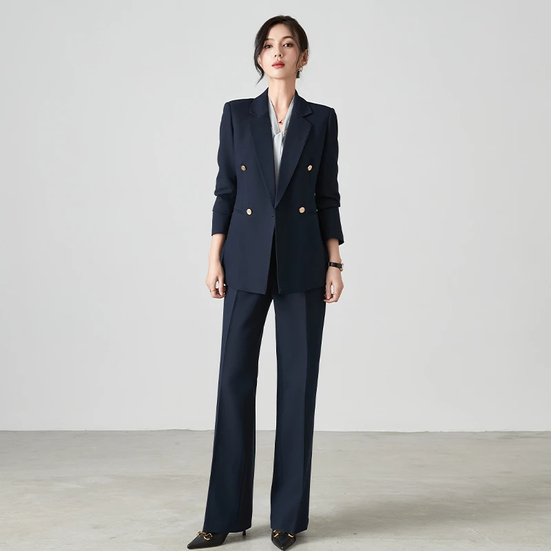 春秋新款高级感藏青色金属扣职业西装正装显瘦商务直筒裤西服套装