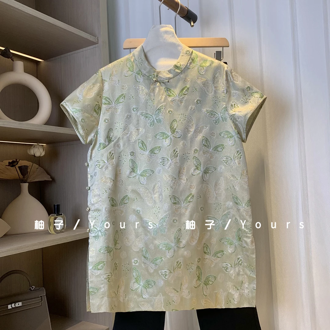 柚子yours【蝴蝶曼舞】100桑蚕丝织金异色罗清新素雅奥黛款上衣