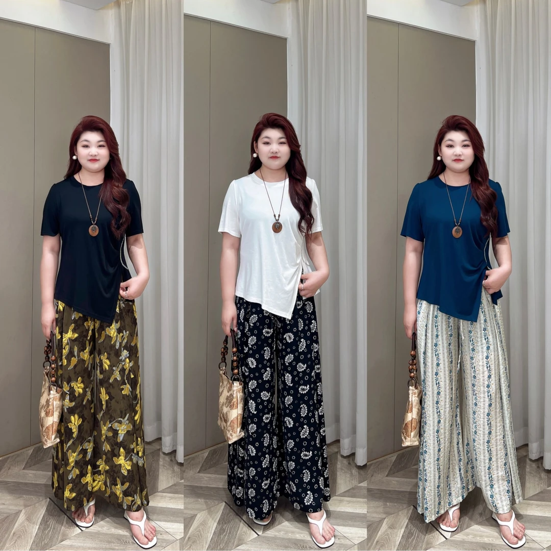 【现货仅裤子】PMM81945夏季新款清凉感国风高腰百搭显瘦休闲阔腿裤