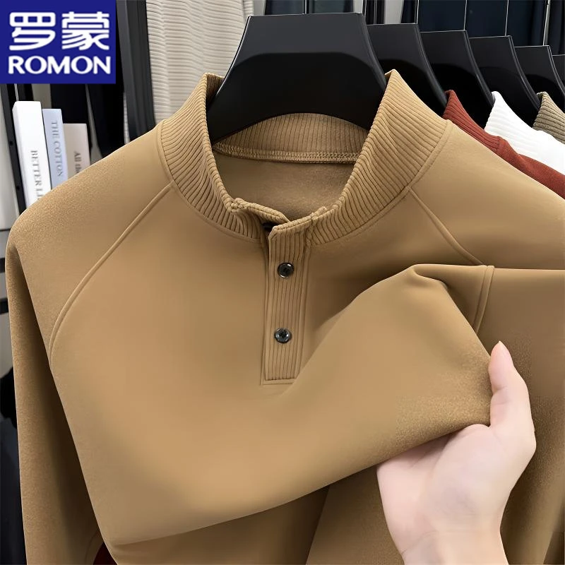 罗蒙秋冬双面德绒纯色卫衣男士半高领长袖打底衫宽松保暖上衣T恤