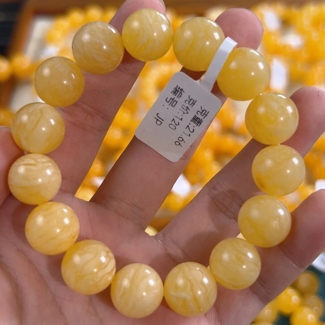 琥珀未镶嵌手链21.66g虎皮纹圆珠14mm jp