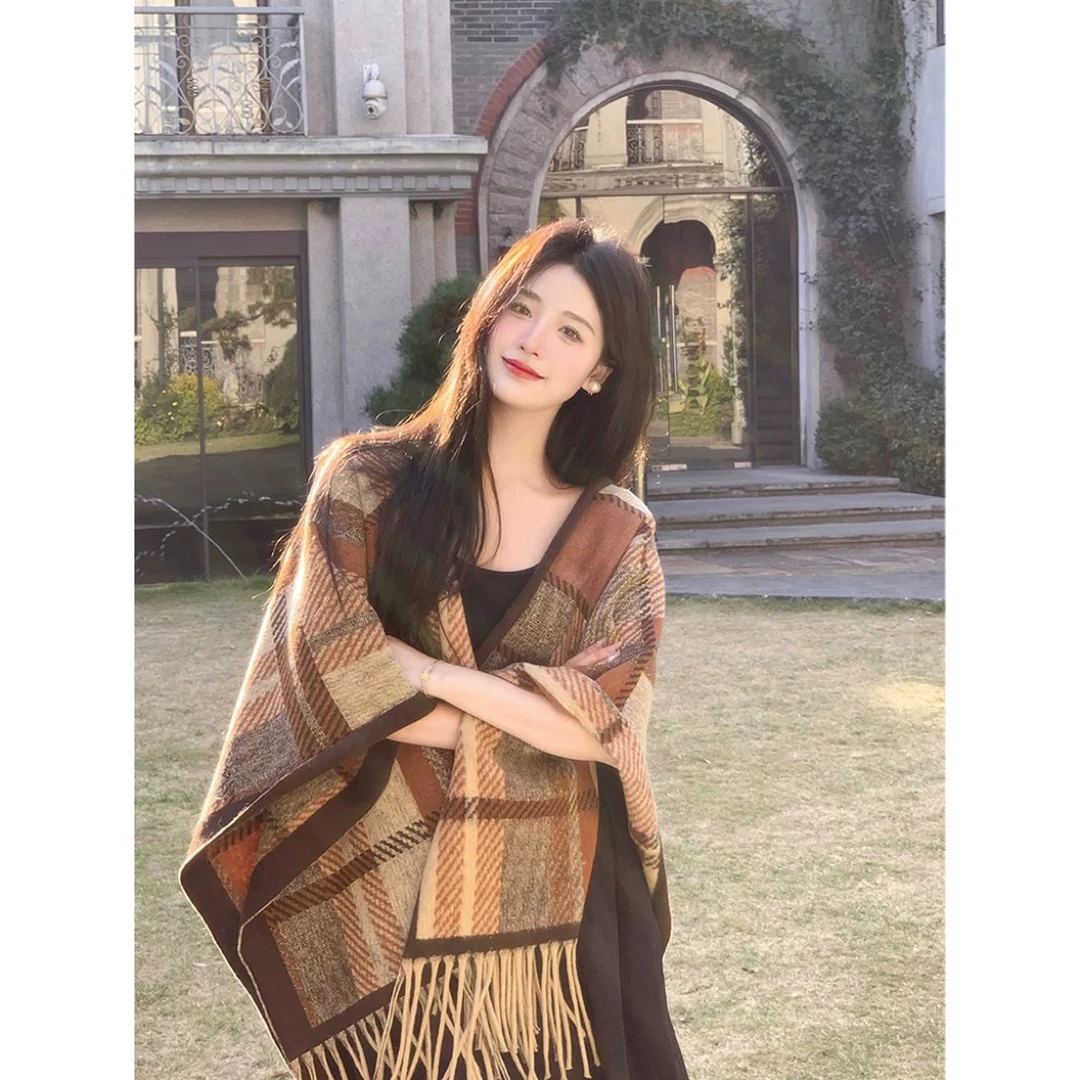 美拉德格子披肩女外搭川西云南大理丽江旅游穿搭毛毯盖毯披风外套