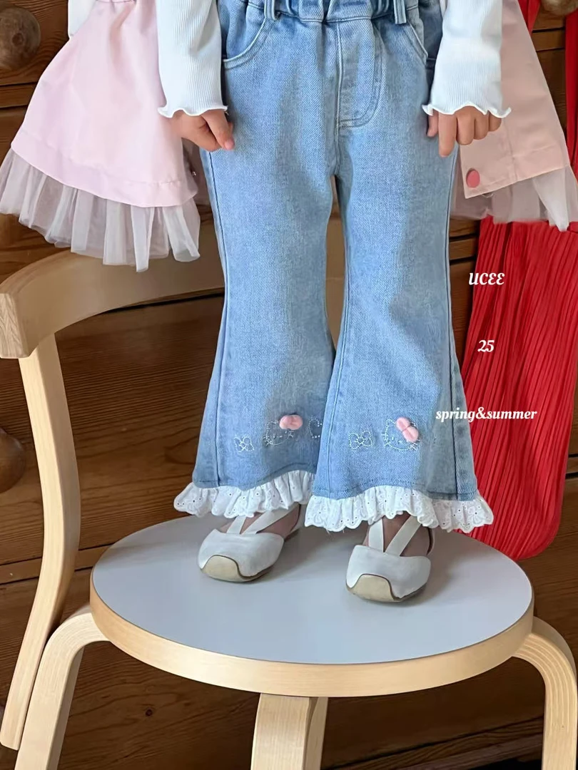 现货 釉兮新款蝴蝶结kitty牛仔裤蕾丝花边喇叭裤修身