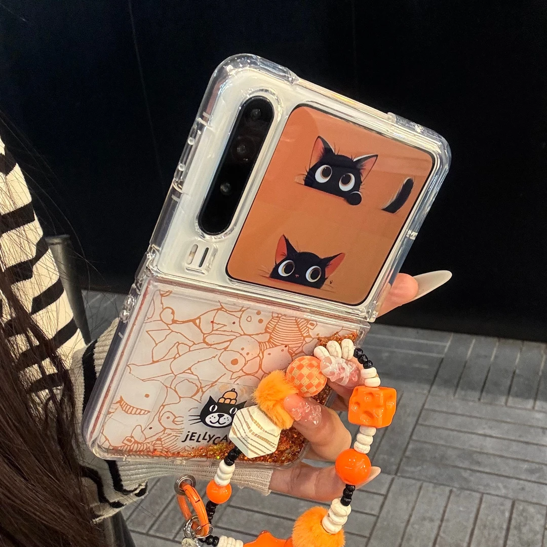 适用华为purax典藏版折叠屏手机壳purax橙色流沙闪粉小动物吉利猫