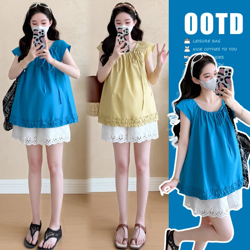 孕妇装夏季新款韩版甜美系绳娃娃衫上衣+蕾丝短裤孕妇套装