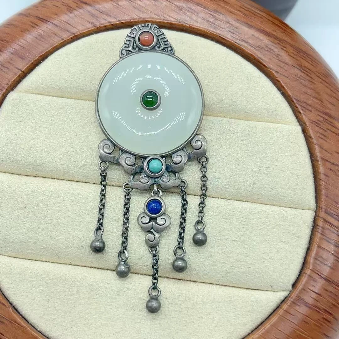 【玉美人】银镶和田玉平安扣吊坠约卡21流苏款（多样性发货拍一发一）