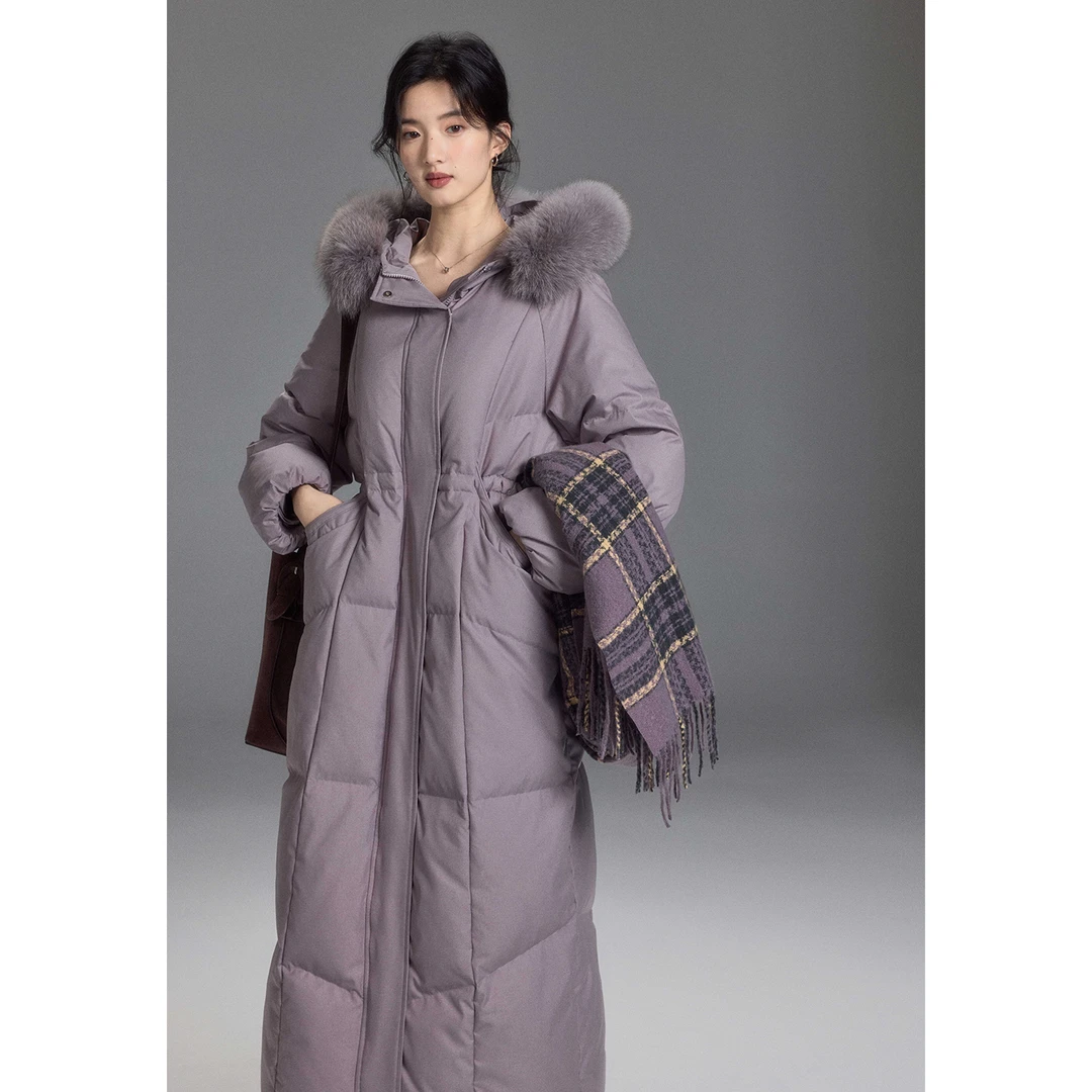 贰羊设计【草木笙】90白鸭绒连帽紫色羽绒服女中长款冬季保暖外套