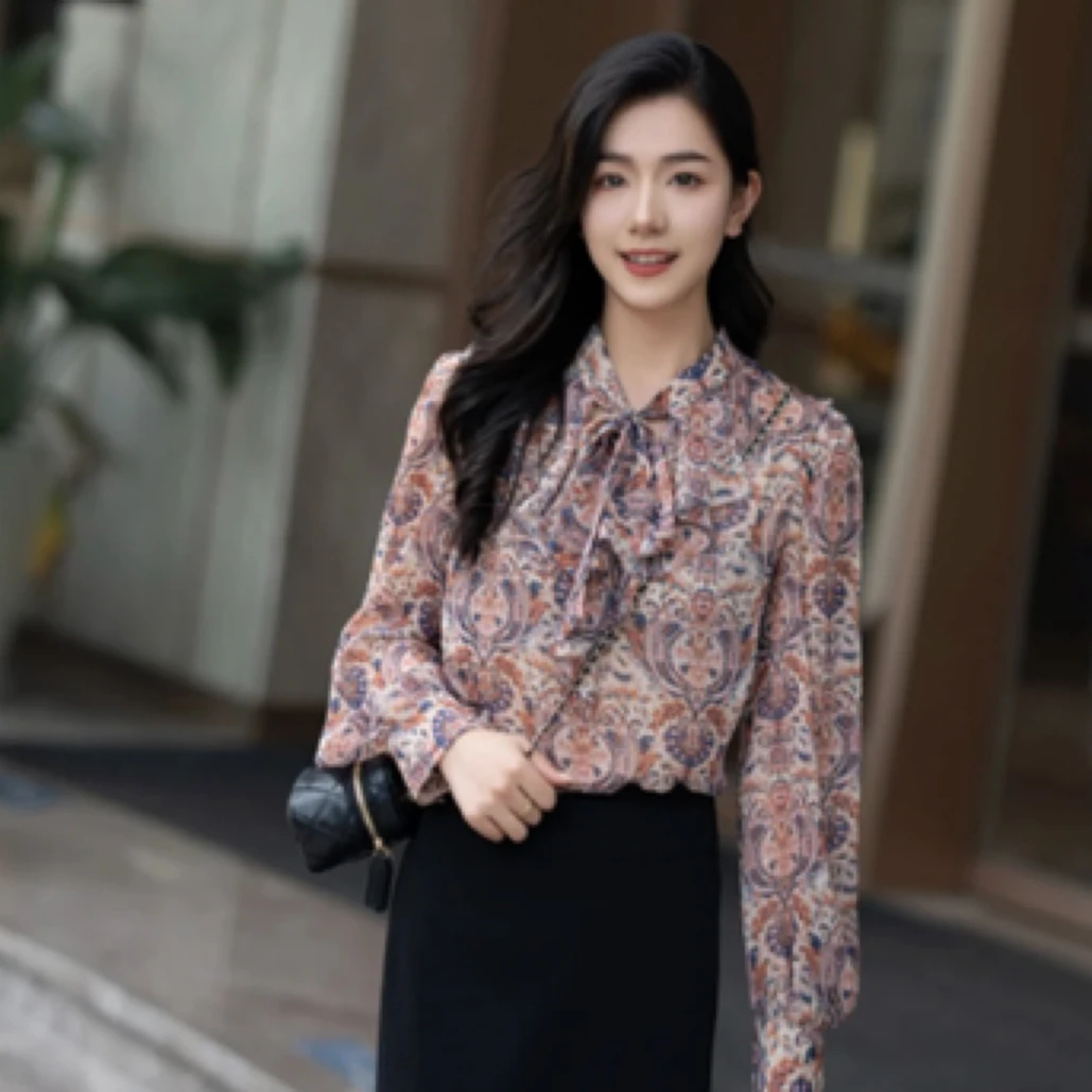 哥弟新款女装通勤质感百搭浪漫荷叶边印花飘带薄款衬衫1300982