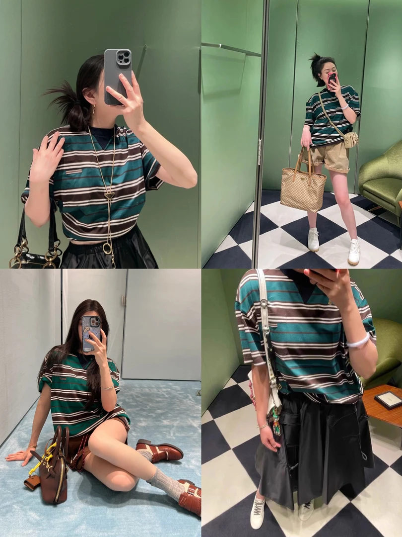 「VT014」时髦复古 刺绣单口袋撞色绿条纹宽松百搭圆领短袖T恤