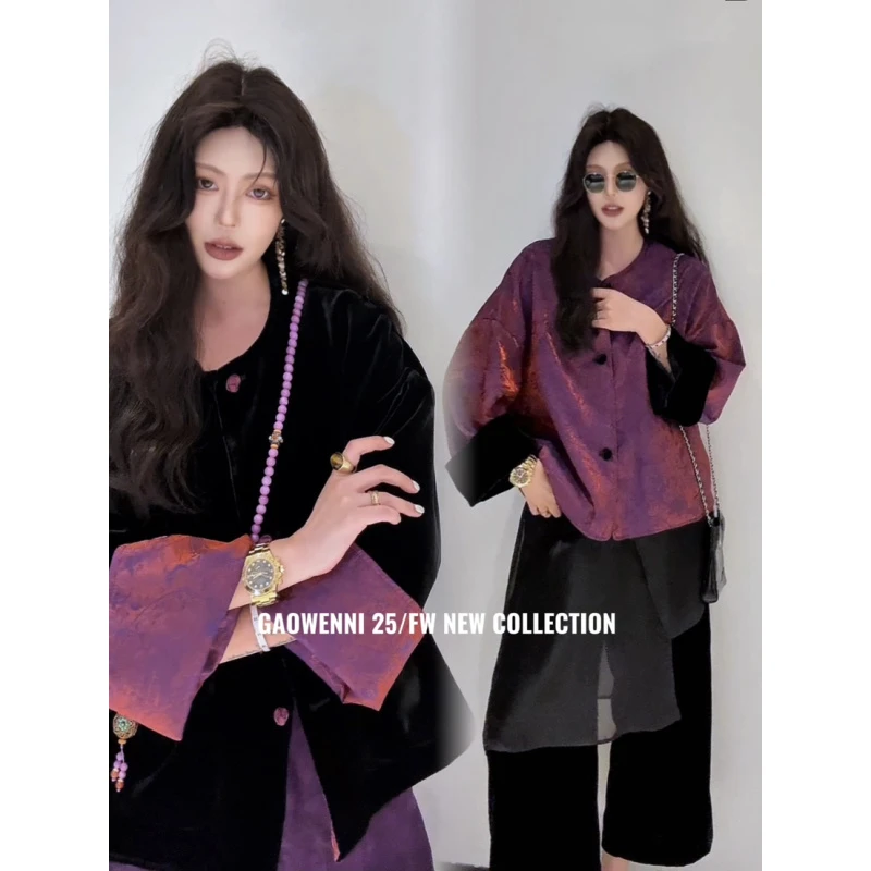 高温妮个性设计丝绒缎面两面穿定制盘扣秋冬宽松外套5e52464上衣