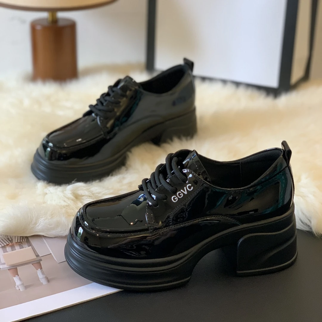 粗跟系带时尚乐福鞋女2025年秋季新款JK小皮鞋英伦风增高6cm单鞋