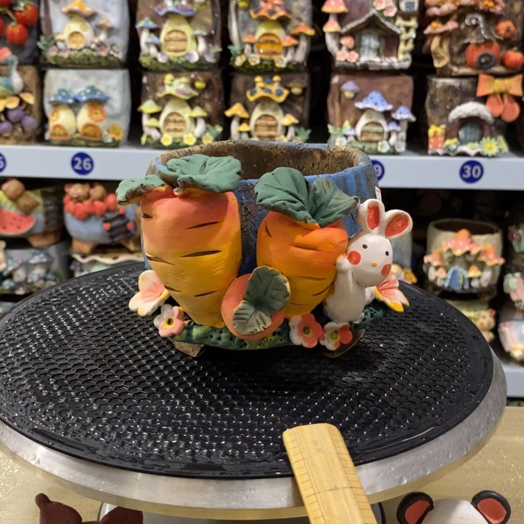 木***槿白狐粗陶手捏花盆