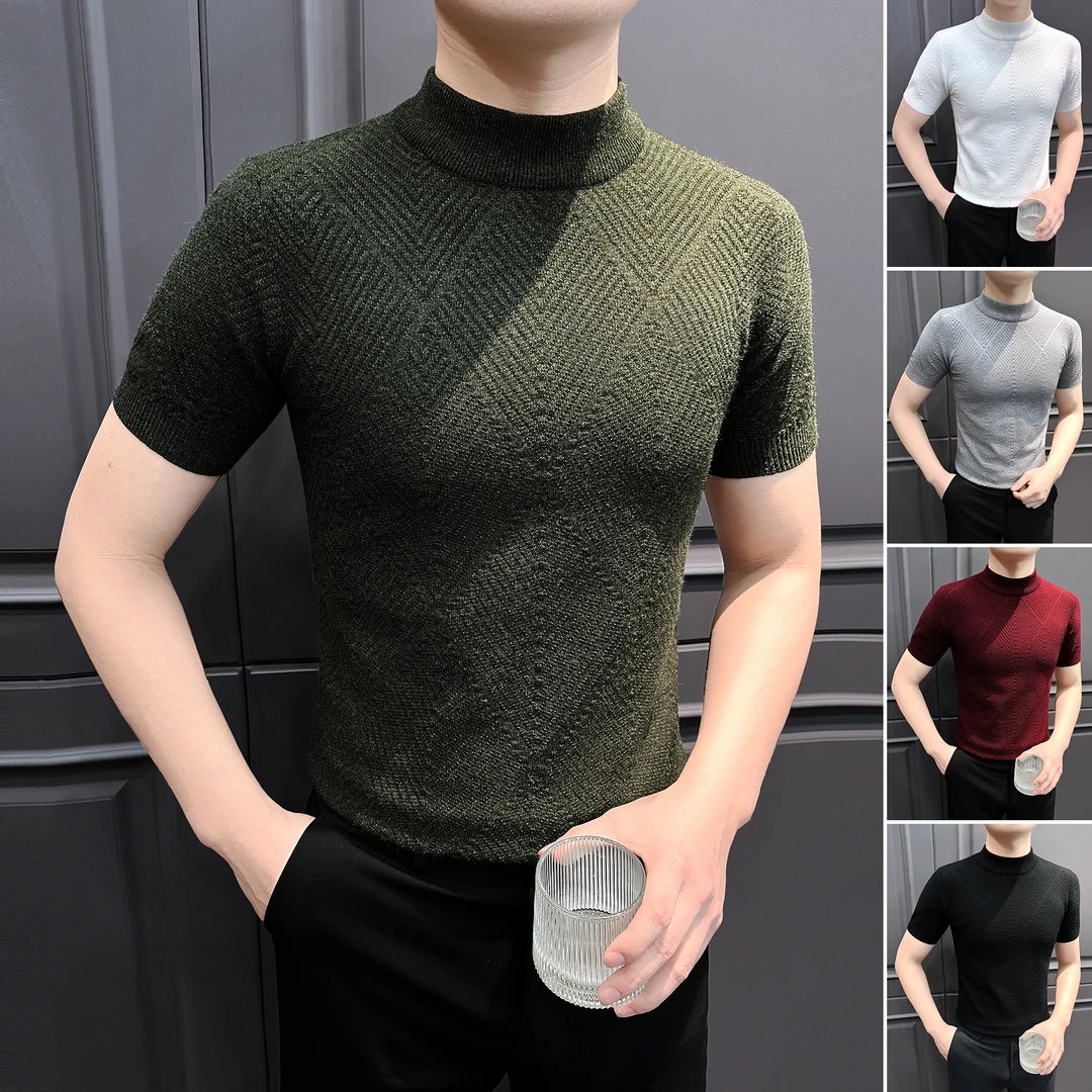半高领男士短袖t恤秋冬款气场强大高级感男装条纹针织男款打底衫