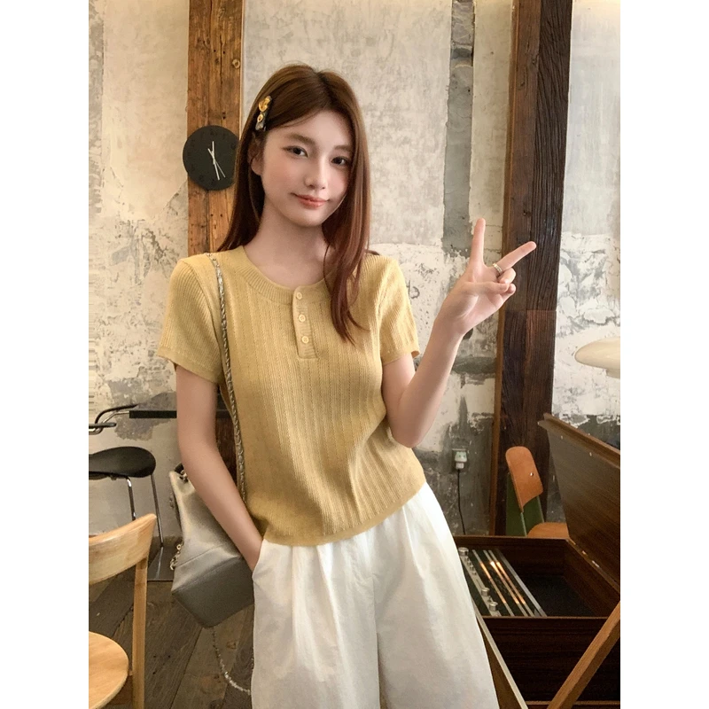 针织短袖t恤女2025夏季新款洋气百搭修身减龄内搭短款正肩上衣ins