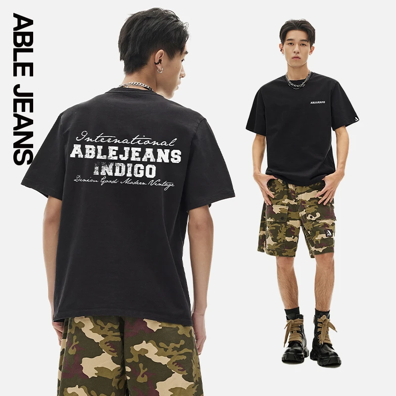 ABLE JEANS秋季新款纯棉亲肤印花LOGO宽松圆领短袖T恤精梳棉