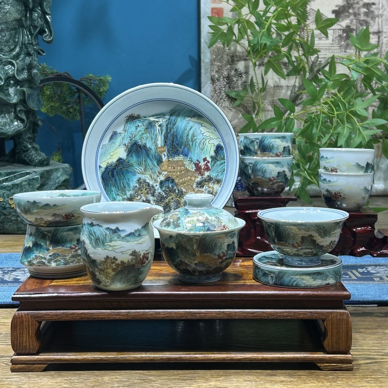 景德镇陶瓷粉彩瓷描金山居拂云图10件套高端茶器整套礼盒家用送礼