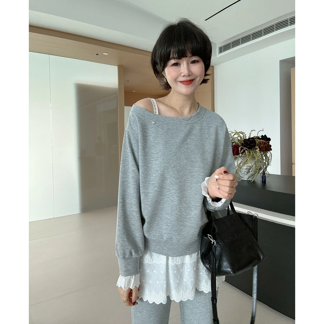 春季韩系露肩一字领套头卫衣+甜美蕾丝吊带两件套装