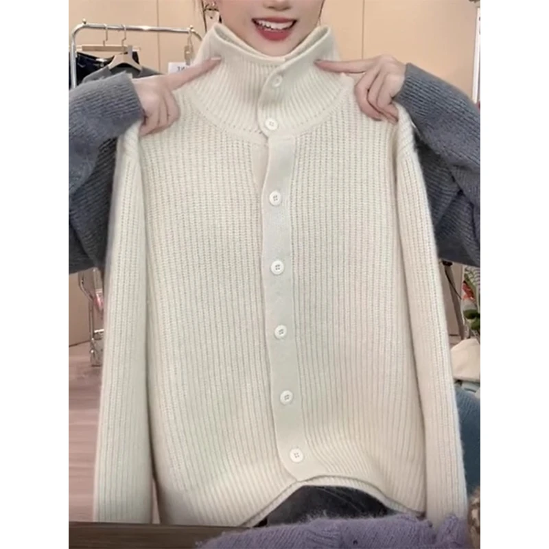 简约纯色翻领针织开衫女秋冬2024新款宽松慵懒风高领毛衣外套上衣