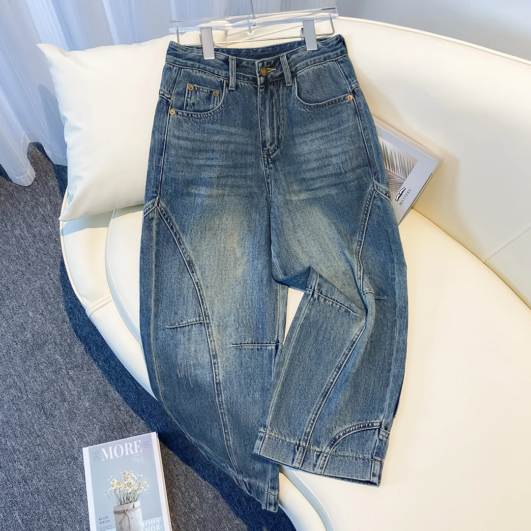 复古小个子八分牛仔裤女2025秋冬高腰宽松拼接个性加绒九分弯刀裤