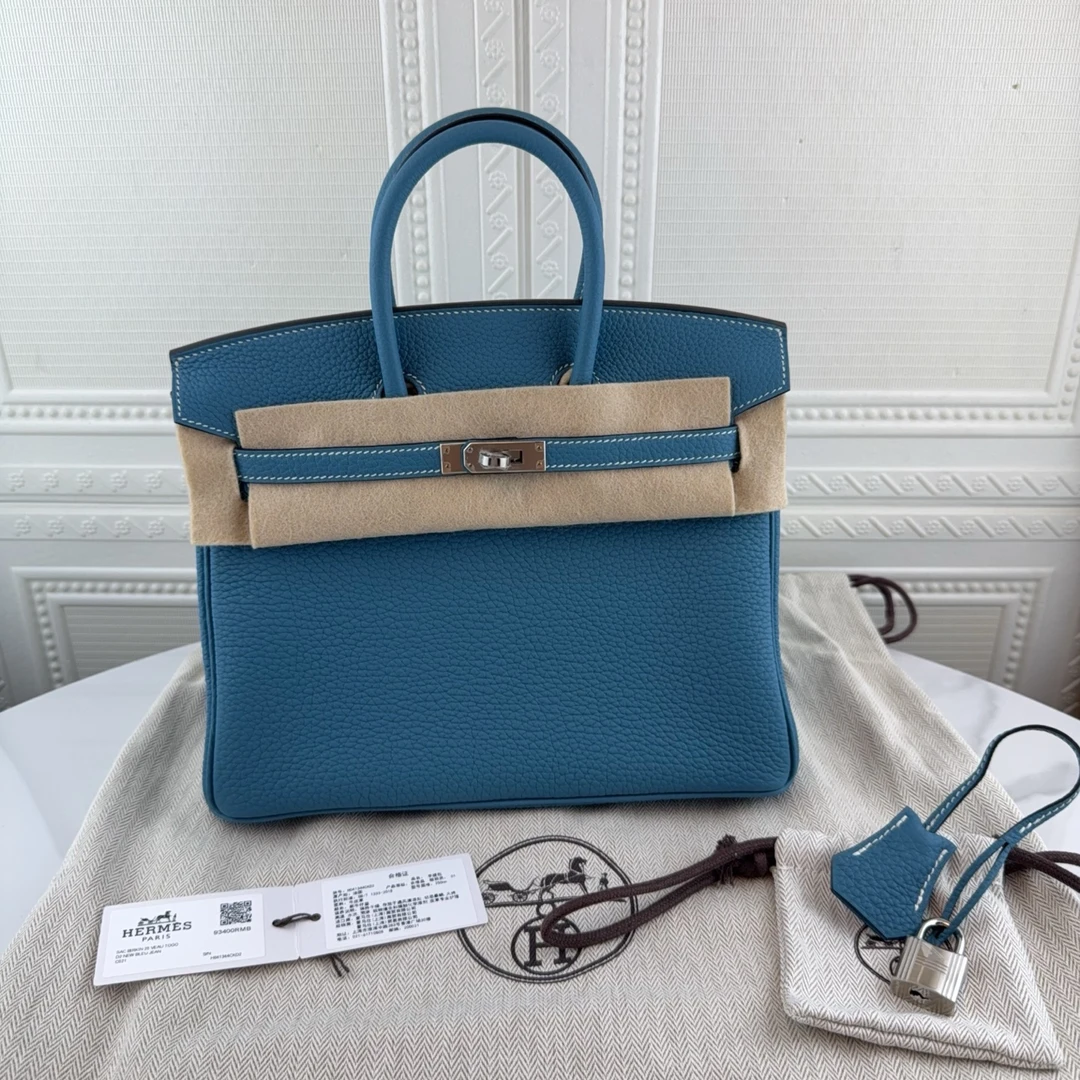 未使用 Hermes/爱马仕 birkin25牛仔蓝银扣togo w刻国专全膜原盒