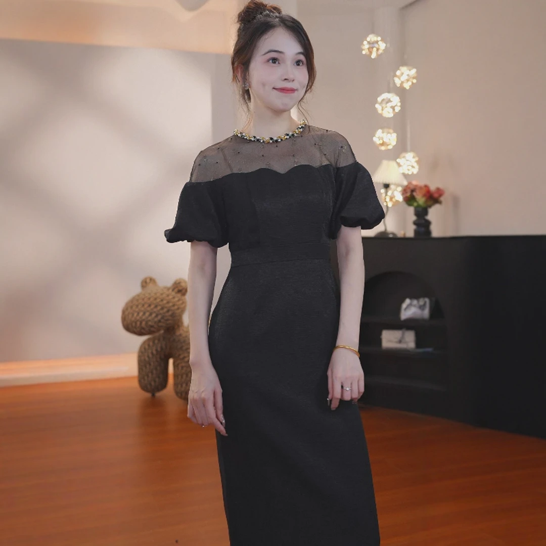 夏季新品轻奢高端温柔镂空拼接泡泡袖连衣裙022