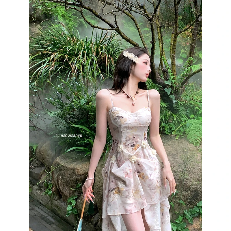 溺水三鱼【桃欲香凝】春夏度假千金风晕染印花吊带手工设计感连衣裙