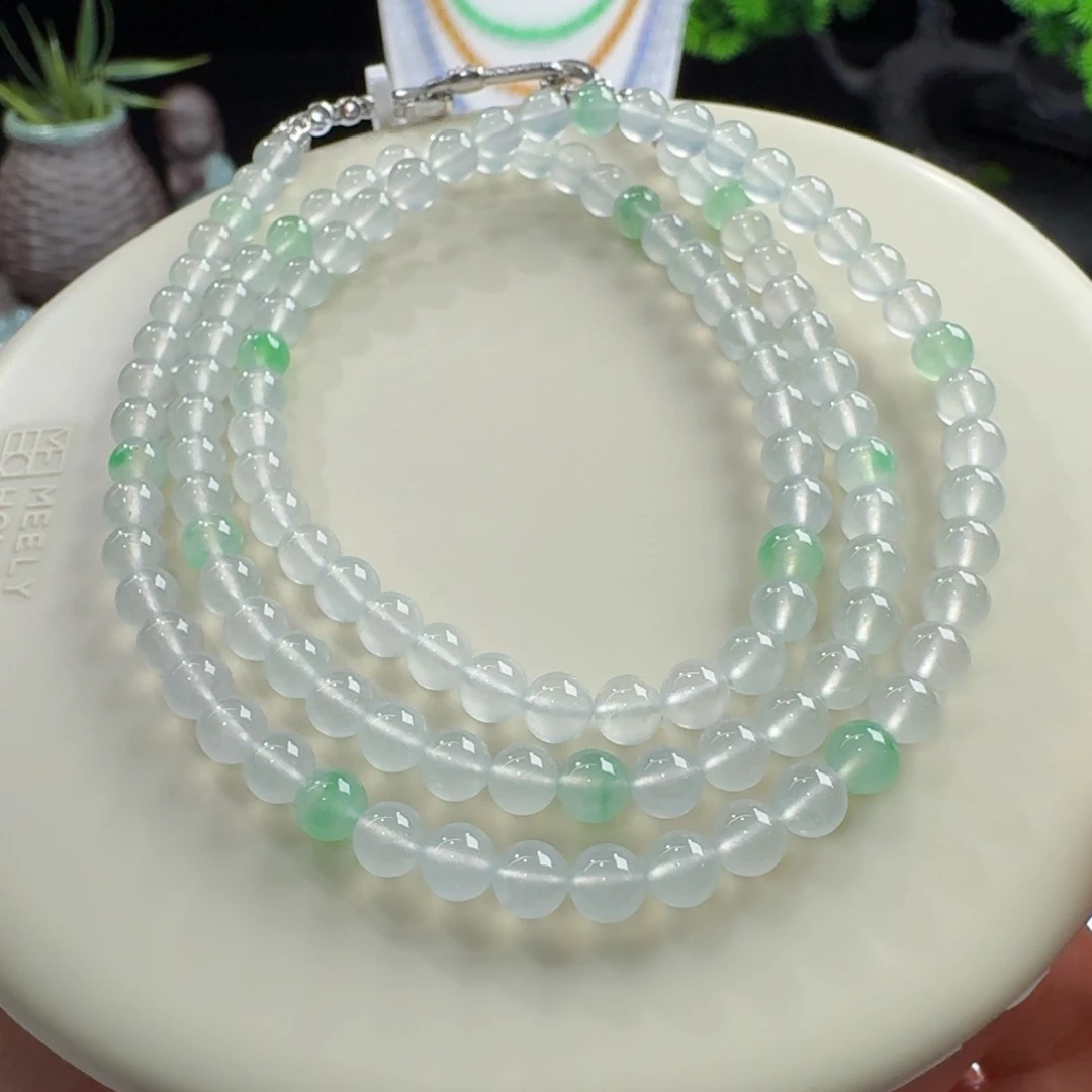 翡翠未镶嵌手链高冰白月光配绿花长串5mm