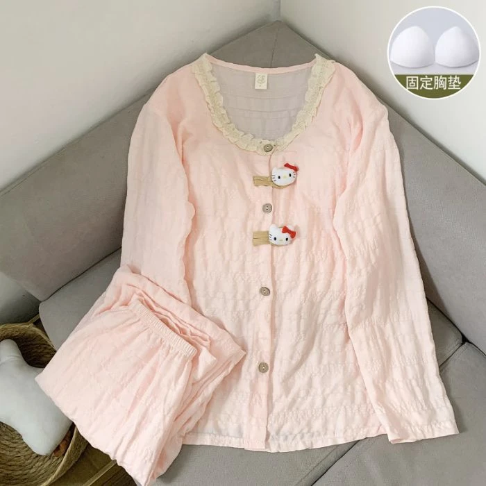 特大码睡衣女春秋季带胸垫一体花边长袖可爱卡通公主风家居服套装