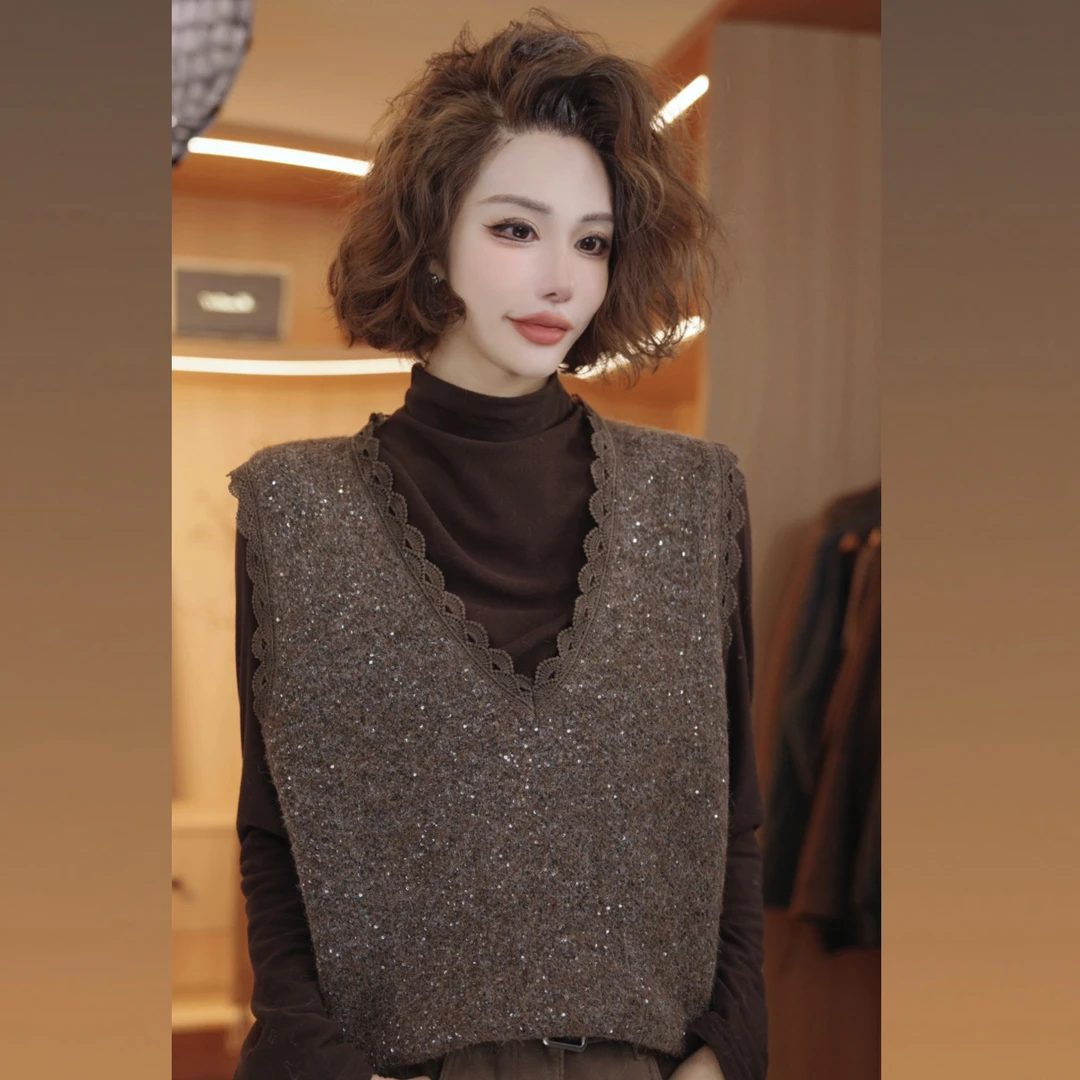 七奈 「伊青」百搭亮片花边休闲合身纯色马甲QN13769