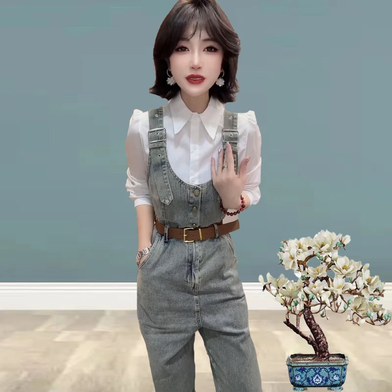 555575洋气时尚简约通勤修身小衫牛仔2025早春新款休闲背带裤